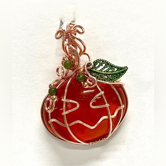 HANDMADE Jack-O-Lantern Resin Art Hand Wrapped Bare Copper Pumpkin Pendant - Picture 3 of 10